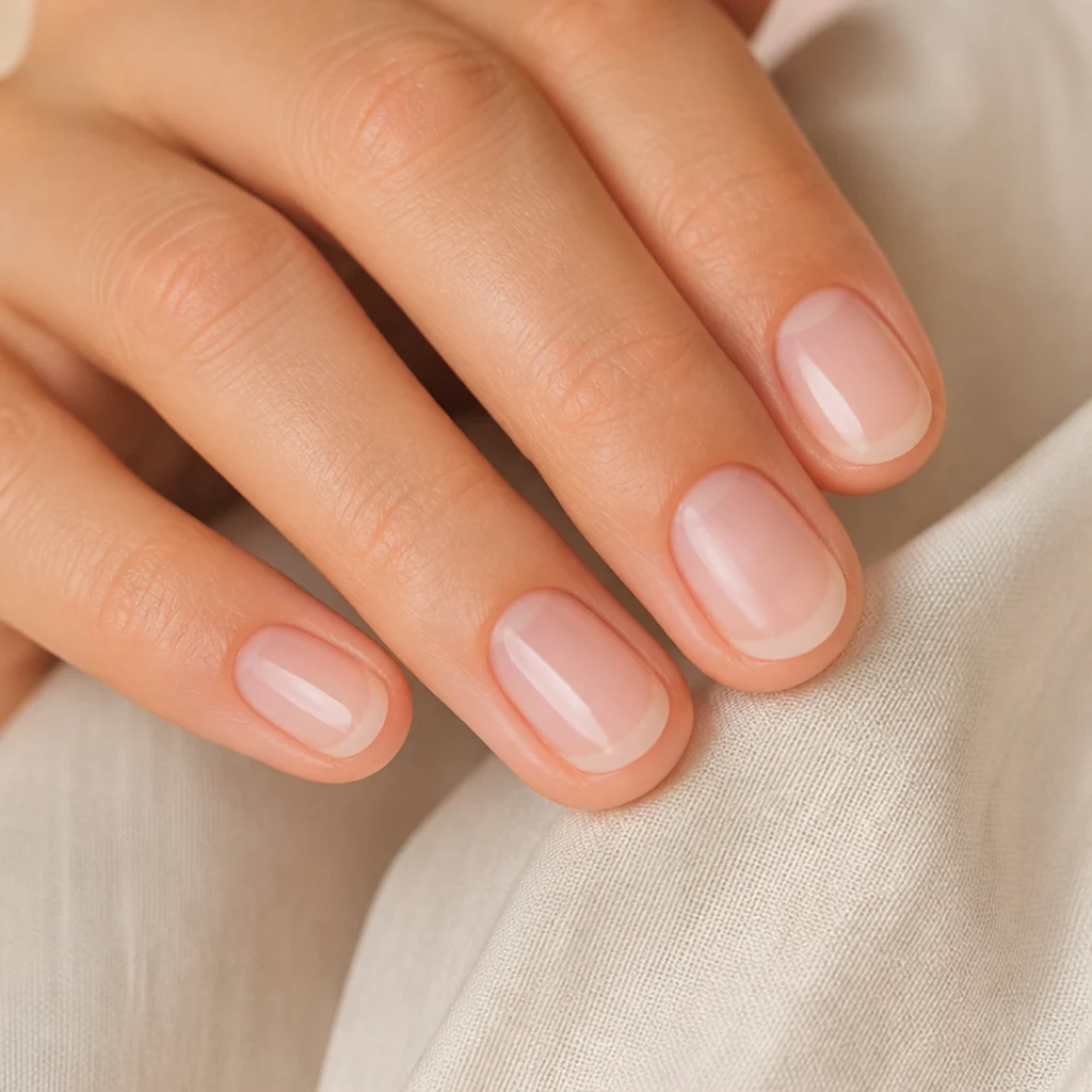 Short round natural nails with a whisper-thin white blooming gel micro-french tip
