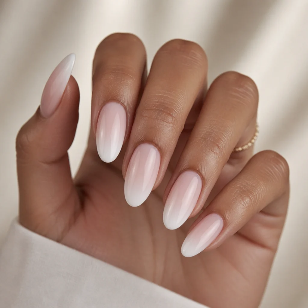 Almond nails with soft white blooming gel french tips fading into a nude base on medium-tan hands