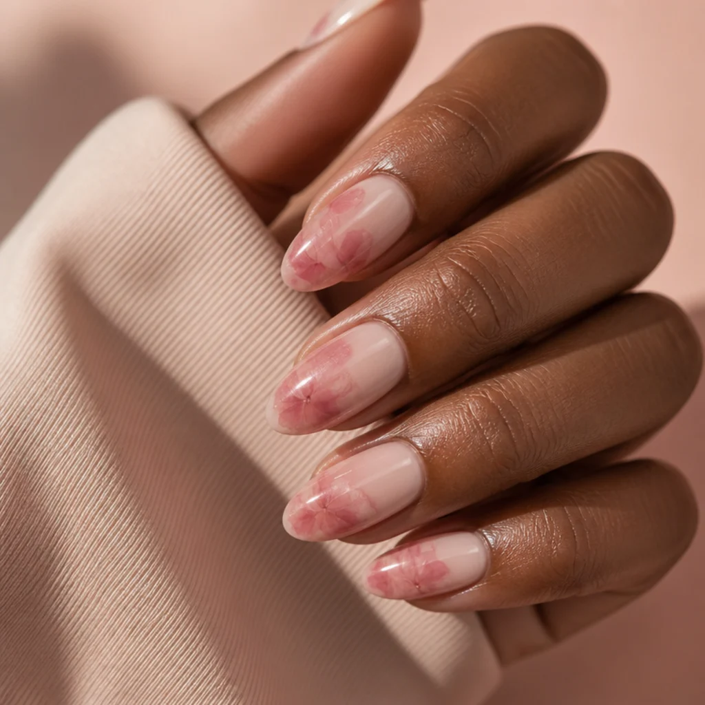 Almond nails with soft blush and dusty-rose blooming gel petals diffused over a sheer nude base, feathered edges catching the light in an editorial macro