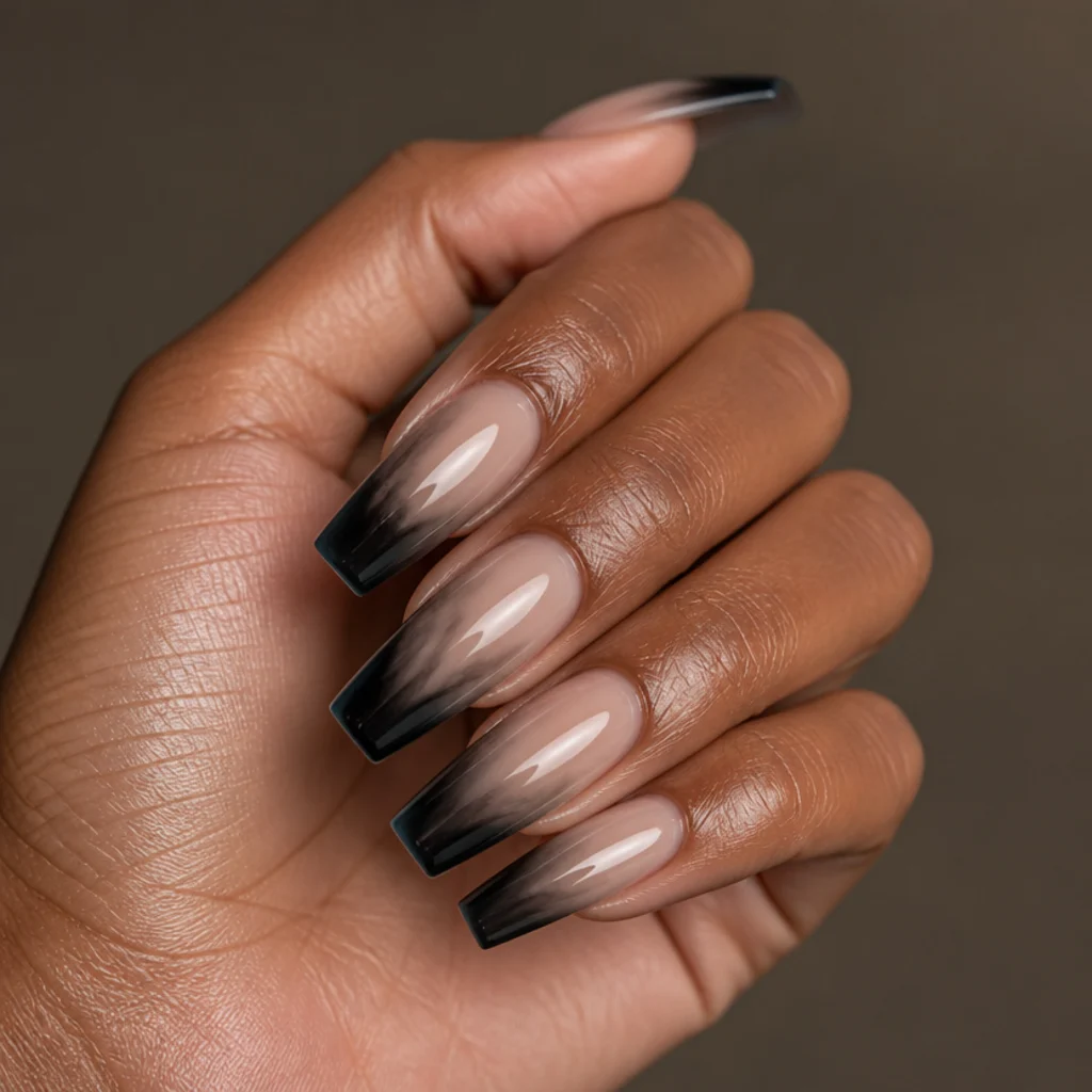 Long coffin nails with a diffused black blooming gel French tip feathering back into a clear base under moody directional editorial lighting