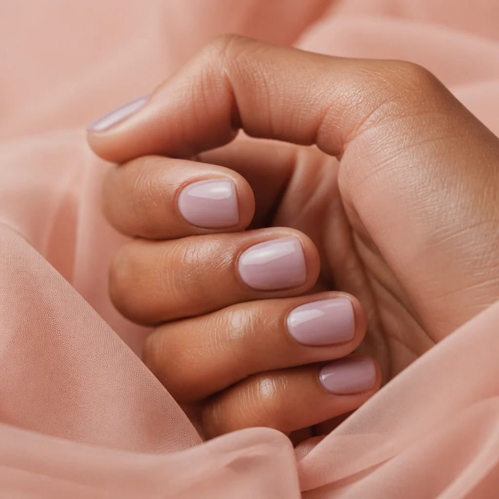 Short squoval nails with a hazy lilac blooming gel wash over a milky base, a faint clear halo at the cuticle, in a close editorial macro on natural cuticles