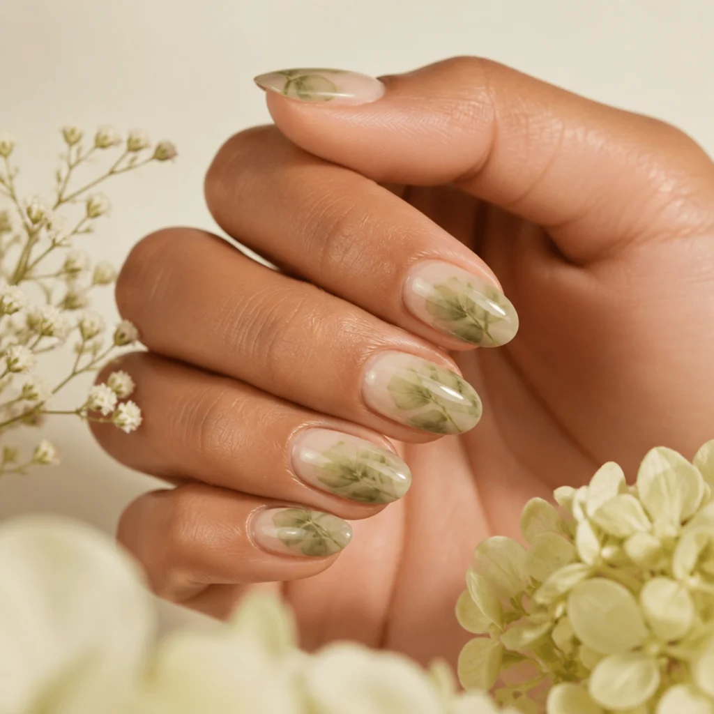 Medium almond nails with sage-green blooming gel forming soft leaf shapes over a warm cream base, one fine hand-drawn stem on the accent nail, in botanical editorial styling