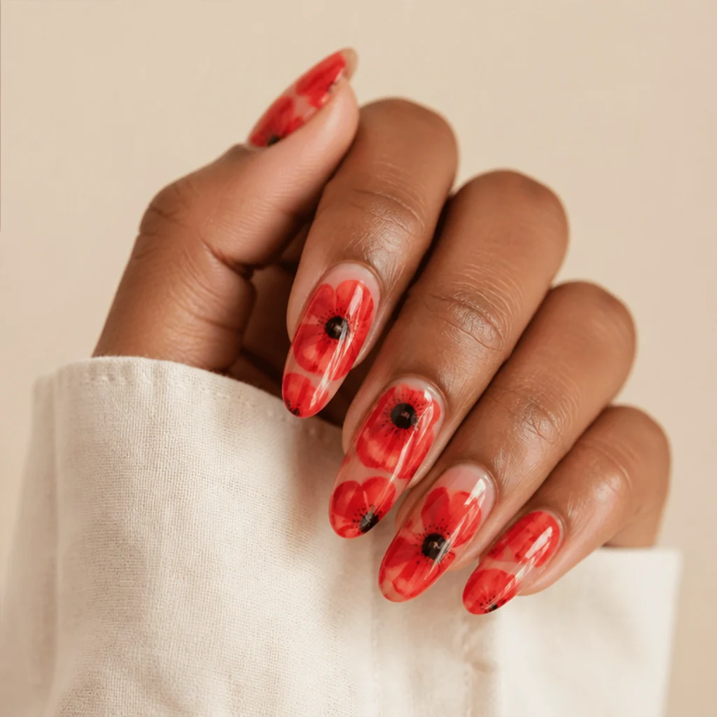 Long almond nails with vivid cherry-red blooming gel poppies and crisp dark centers over a sheer base, on accent nails only, in a bold editorial macro
