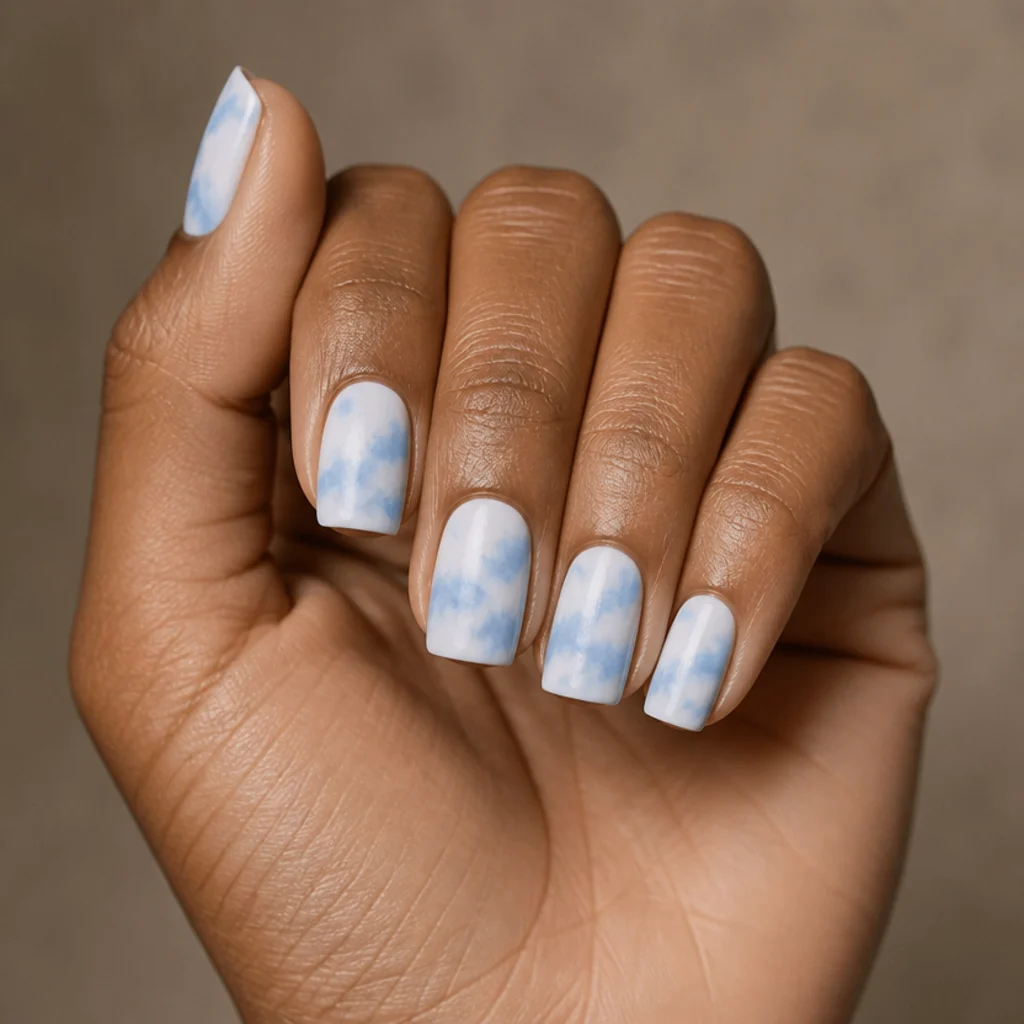 Medium squoval nails with a soft powder-blue blooming gel cloud wash over a white base, density varied nail to nail, in airy editorial lighting