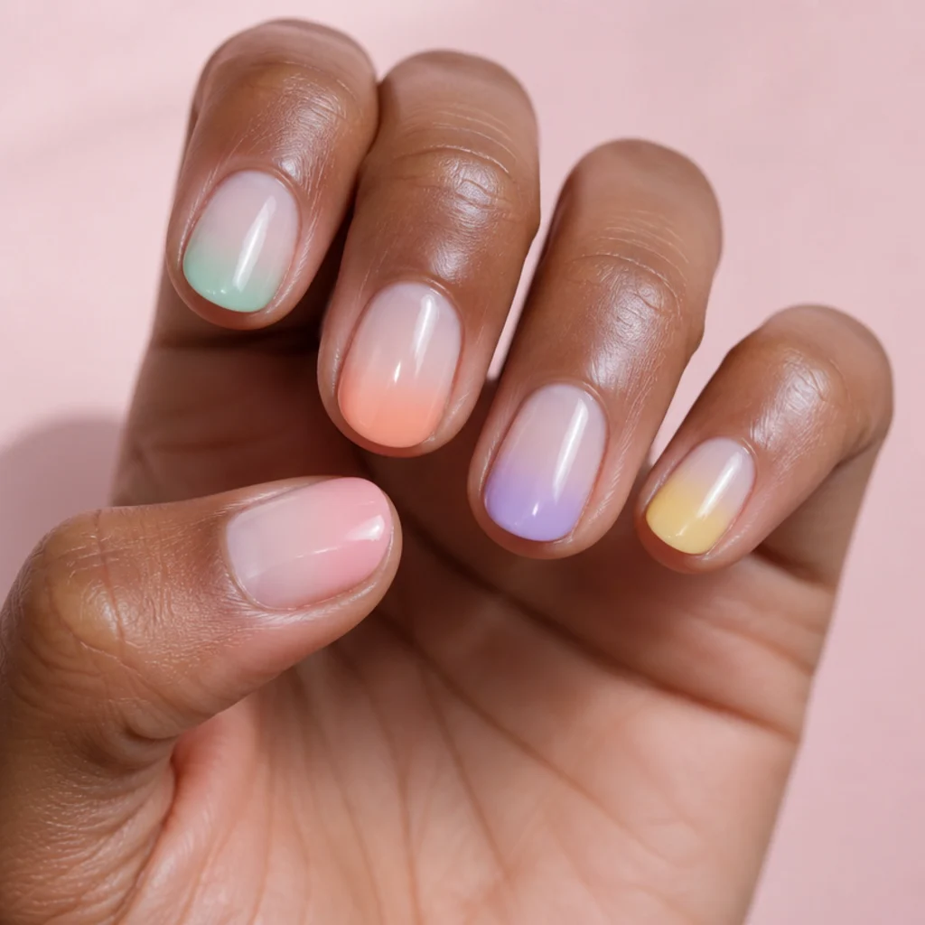 Short round nails with pastel rainbow blooming gel tips feathering down into a milky base, colors arranged in spectrum order across the hand, in a playful editorial macro