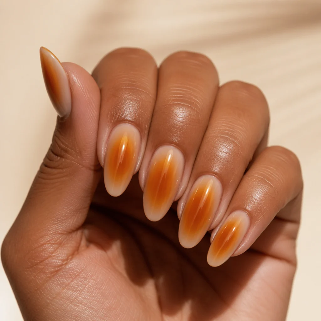 Almond nails with warm amber blooming gel forming a soft glowing halo ringed around the nail center over a nude base, one fleck of gold leaf in the densest spot, in a luminous editorial macro