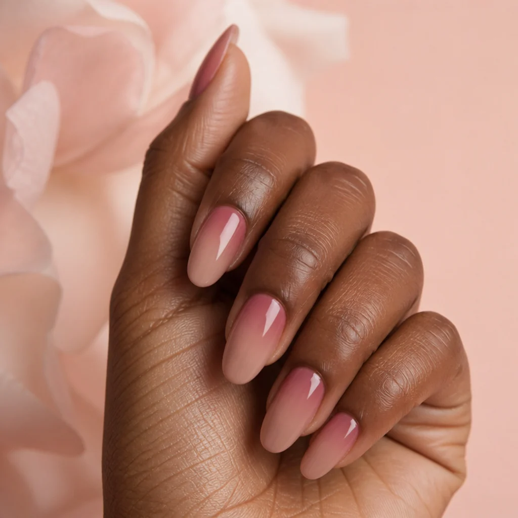 Long oval nails with a dusty-rose blooming gel ombre fading from a heavier cuticle to a sheer tip, built in soft passes, in a romantic editorial macro