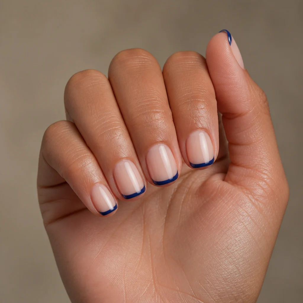 Short squoval nails with a diffused navy blooming gel French tip over a sheer base, shallow feathering kept low on the tip, in a tidy editorial macro on natural cuticles
