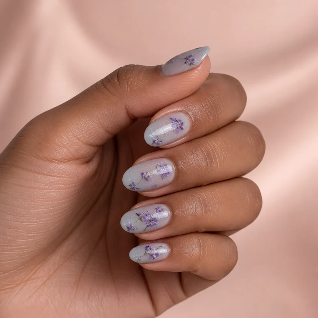 Medium almond nails with tiny lavender and violet blooming gel florals scattered irregularly over a pale grey base, some drifting off the edge, in a delicate editorial macro