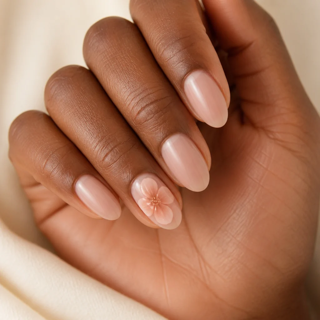 Almond nails in sheer nude with one soft peach blooming gel blossom placed off-center on a single ring-finger accent nail, one petal running past the sidewall, in a clean editorial macro