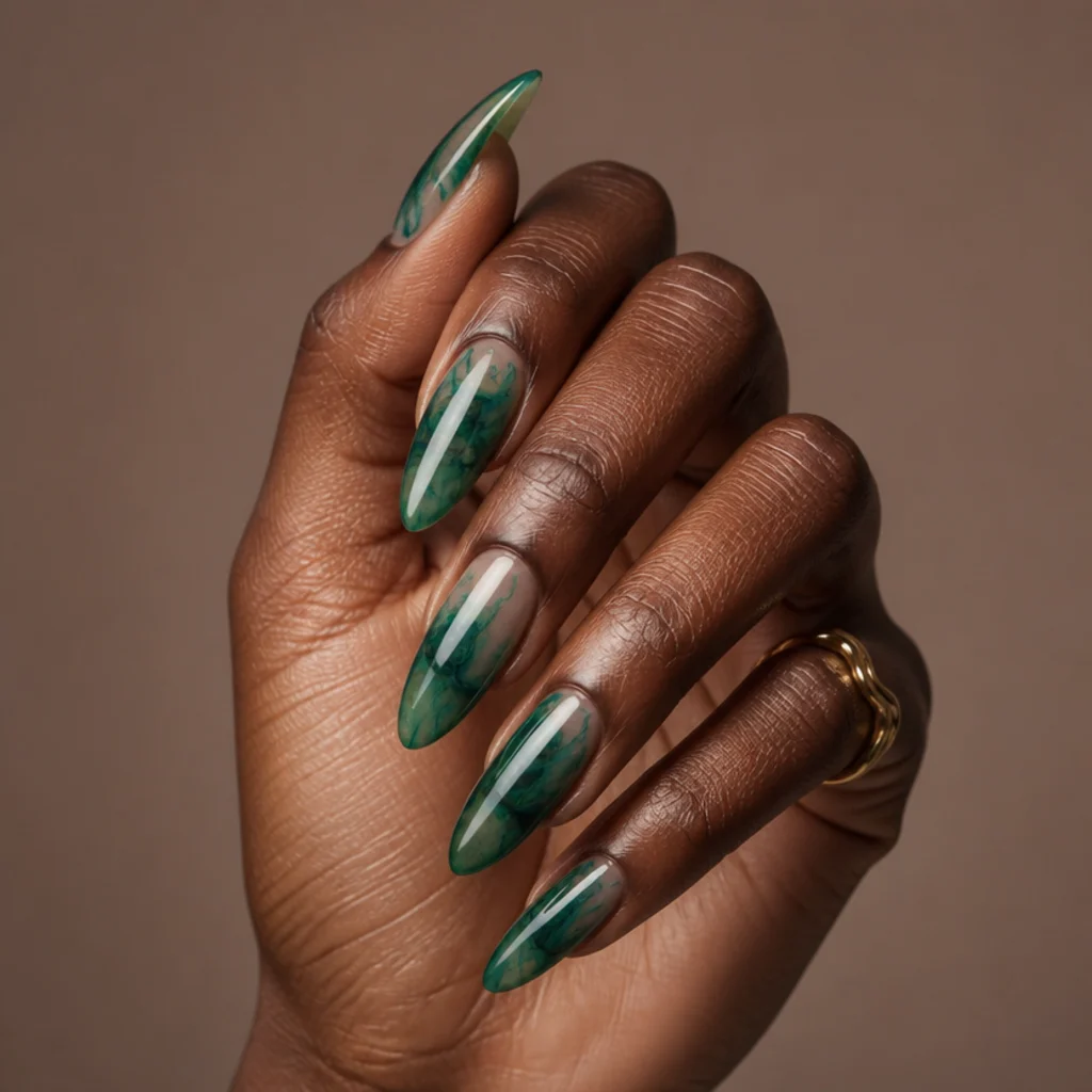 Long stiletto nails with a rich emerald and forest-green blooming gel watercolor wash over a translucent base, color concentrated toward the point, in a jewel-toned editorial macro