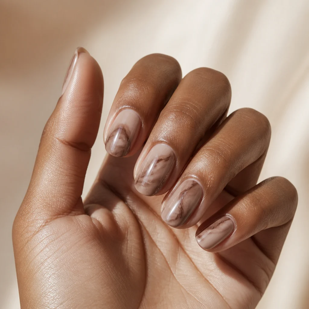 Medium squoval nails with soft mocha and taupe blooming gel washes over a warm nude base, gentle movement without defined shape, in a minimalist editorial macro