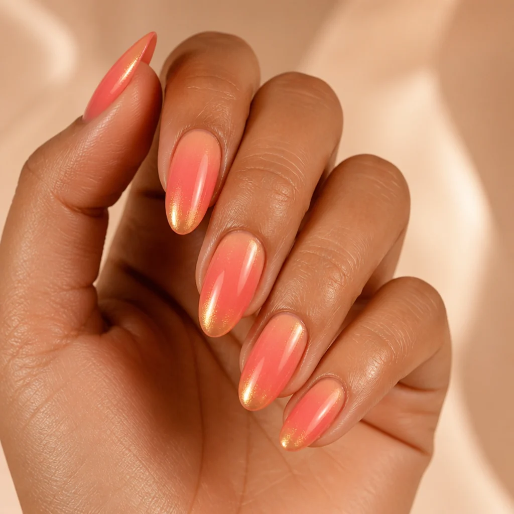 Long almond nails with coral, peach and gold blooming gel blended wet into a horizontal sunset gradient, warmest color toward the tips, in a warm editorial macro