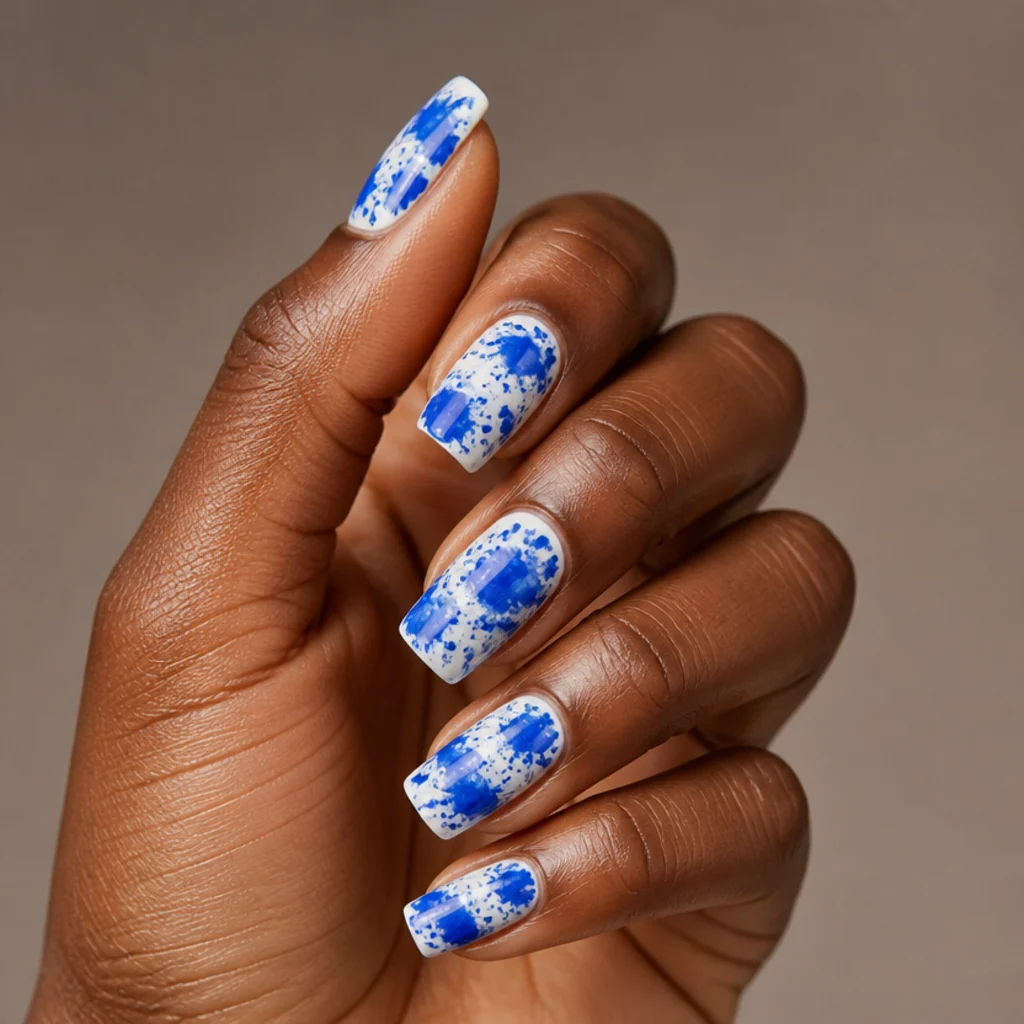 Short coffin nails with cobalt-blue blooming gel ink splatter dispersed irregularly over a bright opaque white base, sizes varied nail to nail, in a graphic editorial macro