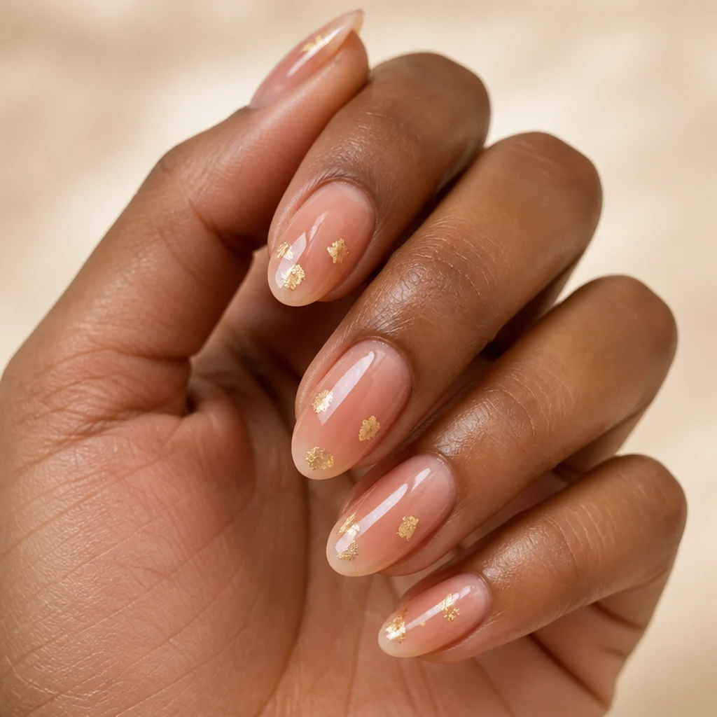 Almond nails with a blush blooming gel wash accented by a few delicate gold foil flakes clustered near the cuticle over a nude base, sealed smooth, in a luxe editorial macro