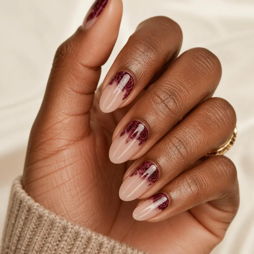 Almond nails with deep burgundy blooming gel roses clustered in an overlapping half-moon near the cuticle over a nude base, sheer above, in a rich editorial macro