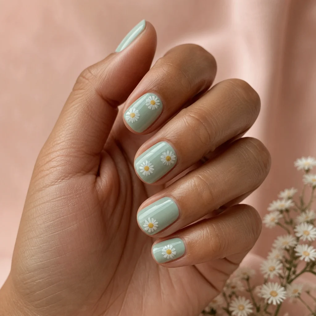 Short round nails with a soft mint blooming gel wash and two or three small cream daisies with yellow centers on the accent nails, in a fresh spring editorial macro