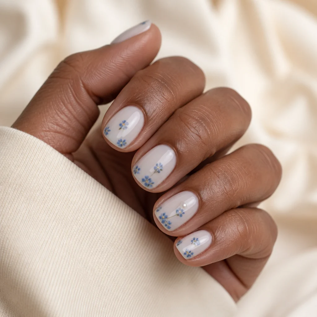 Short squoval nails with tiny sky-blue blooming gel florals scattered and well-spaced over a milky base, one micro pearl on the accent nail, in a delicate editorial macro on natural cuticles