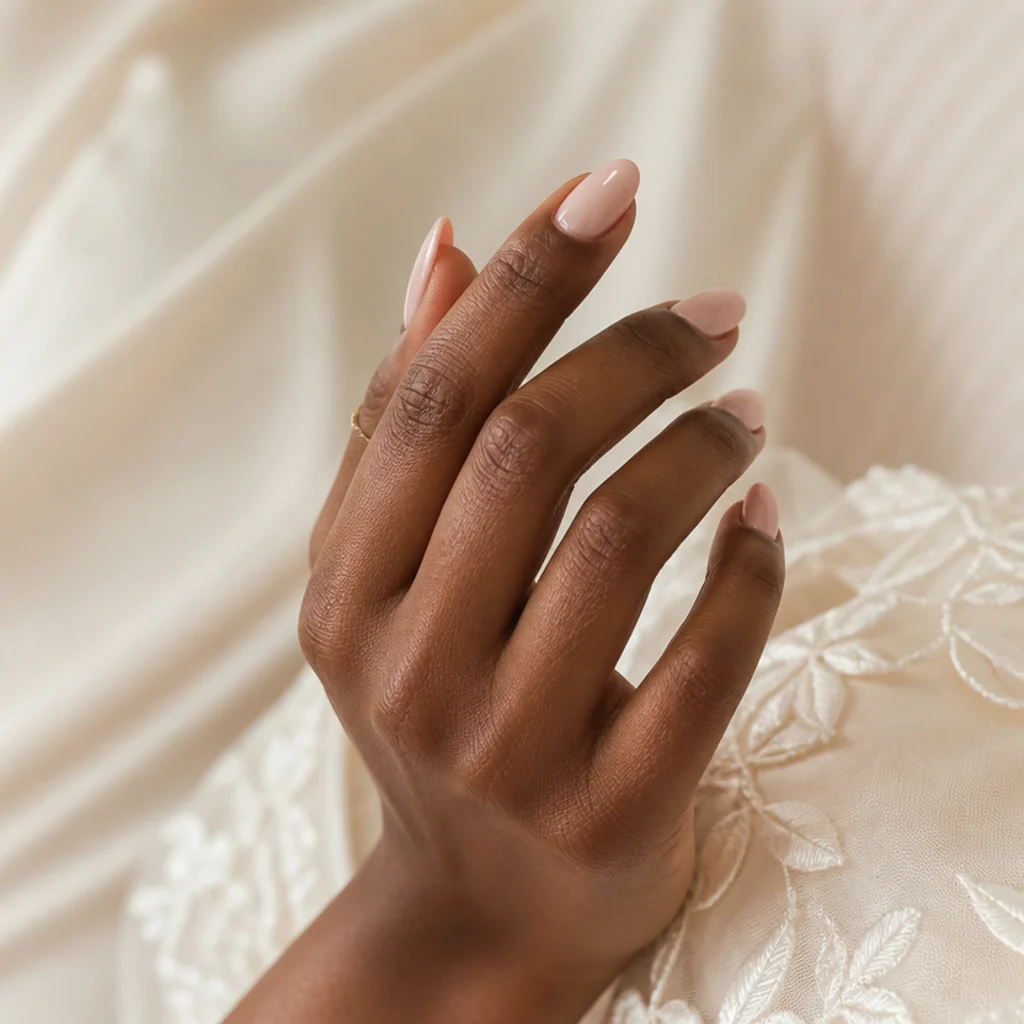 Long oval nails with the faintest ivory and blush blooming gel wash over a sheer base as a thin overlay, reading like an inner glow, in a luminous bridal editorial macro