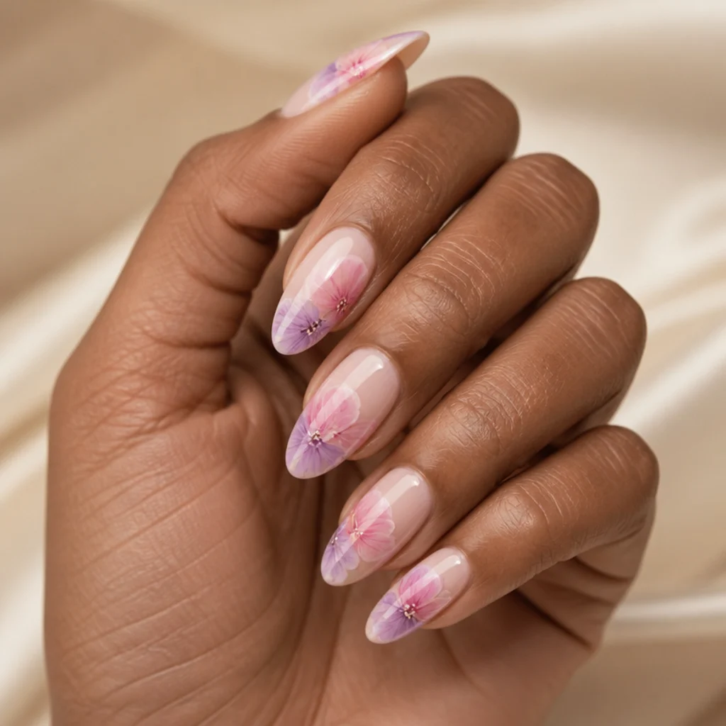 Close-up editorial macro of a hand with almond nails showing soft watercolor blooming gel florals in blush and lilac on a nude base