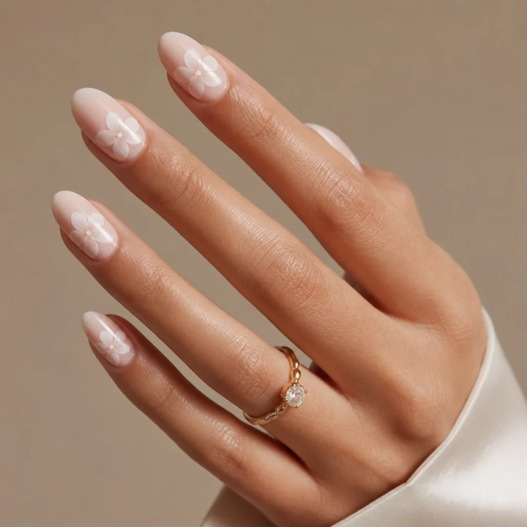 Long oval nails wearing white blooming gel flowers over a pale pink base with petals softly feathered at the edges