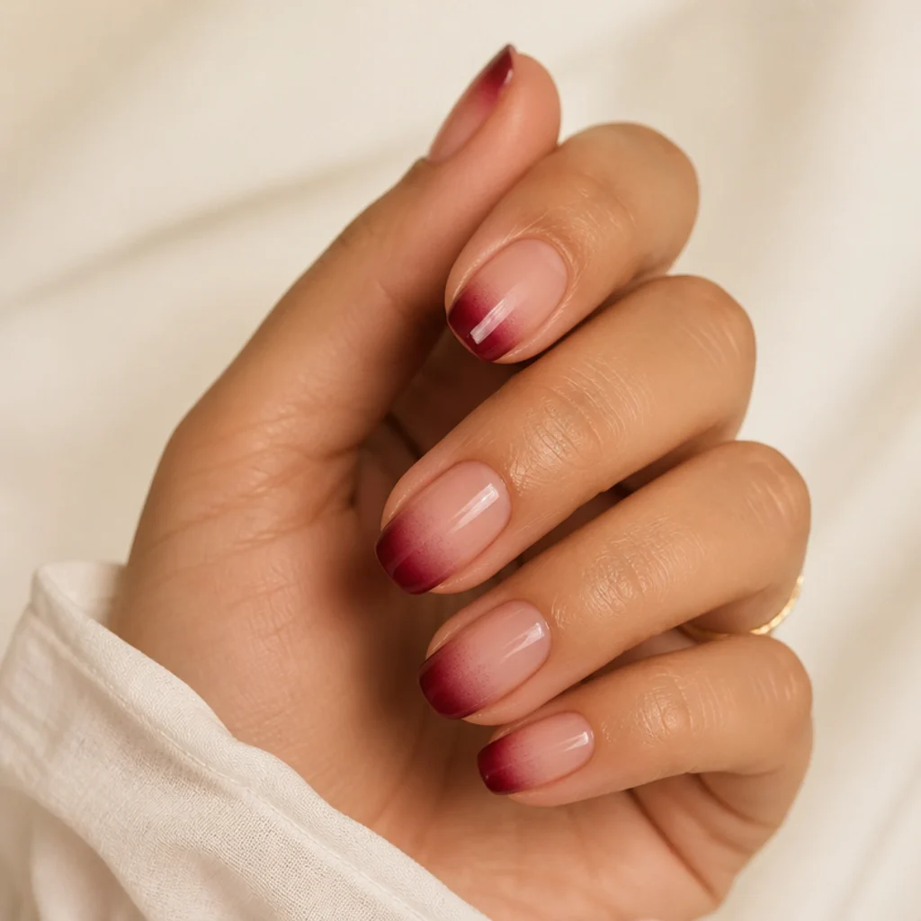 Square-oval nails wearing a deep berry blooming gel French tip that diffuses inward over a nude base