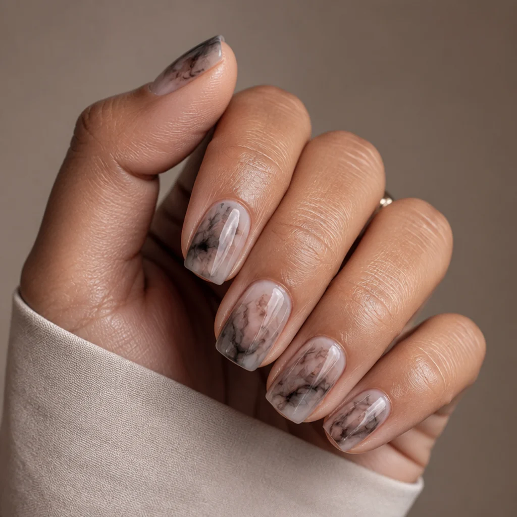 Squoval nails wearing charcoal and taupe blooming gel spreading into abstract ink-in-water marble patterns