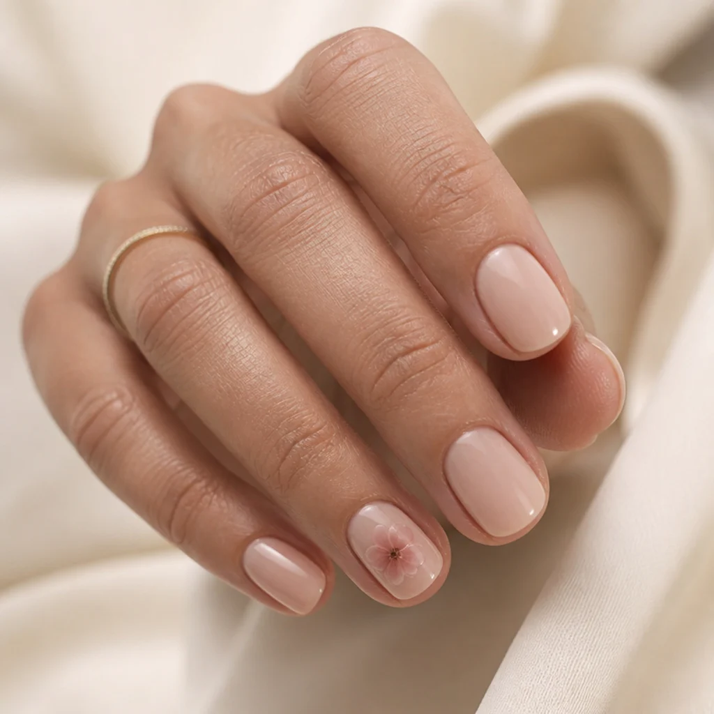 Short round nails in sheer nude with one small blush blooming gel flower on each ring-finger accent nail