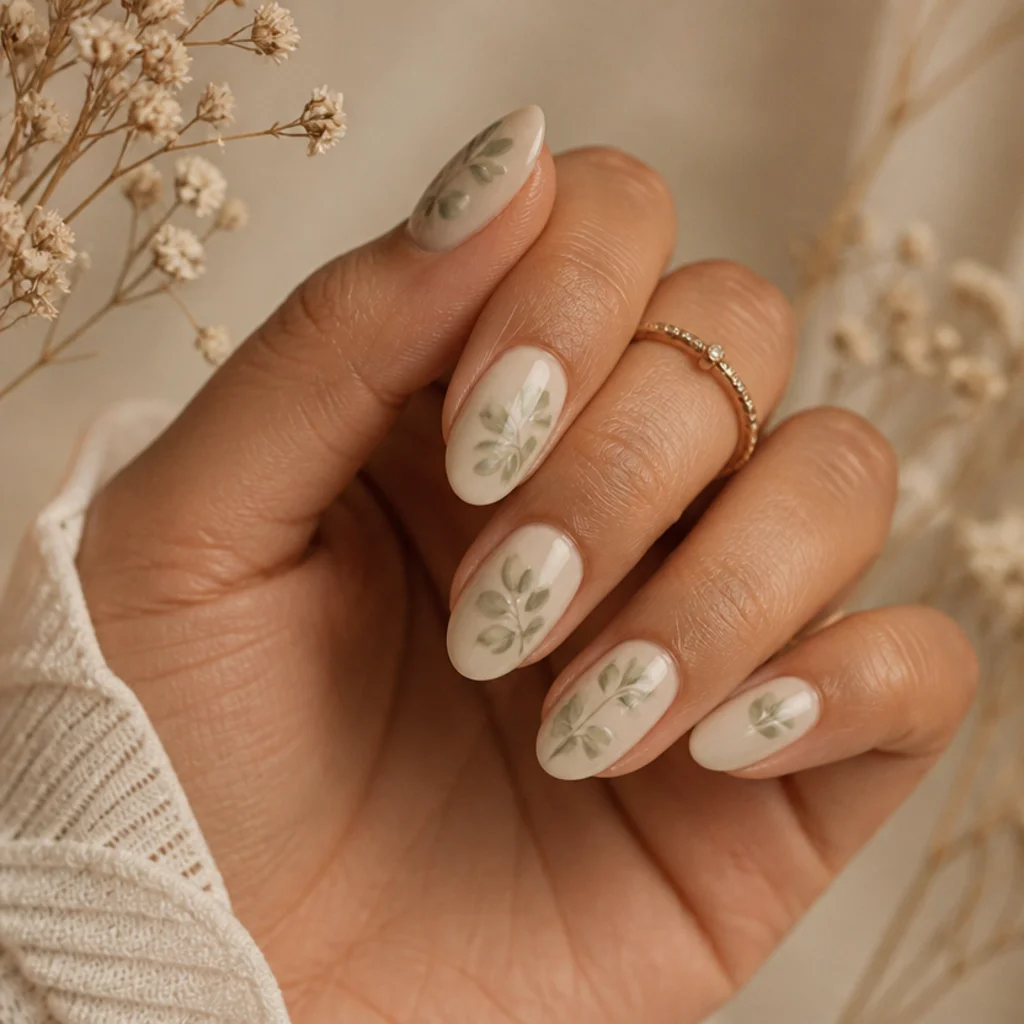 Almond nails wearing muted sage blooming gel leaves and sprigs softly diffused over a warm ivory base
