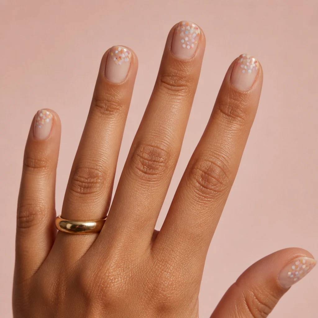 Short squoval nails scattered with tiny multicolor blooming gel dots that feather into a confetti pattern