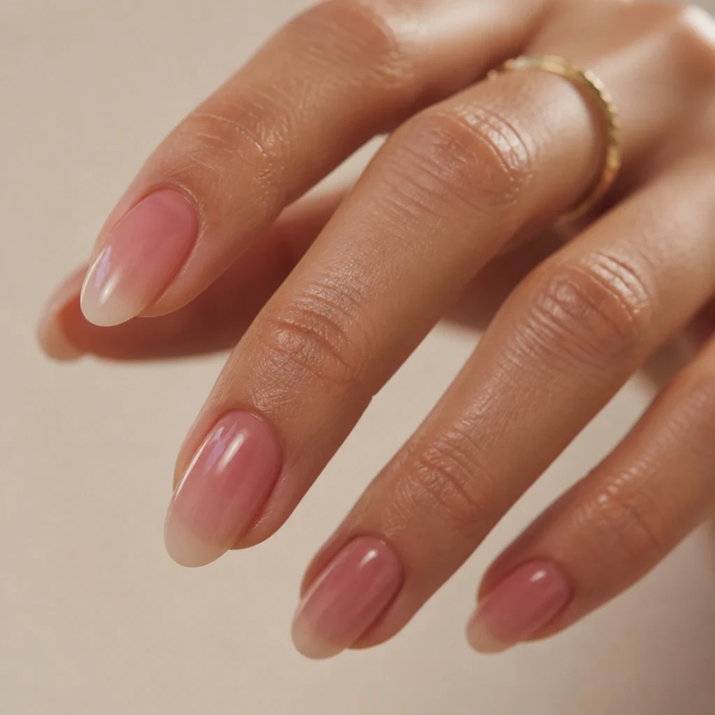 Oval nails wearing a blush-to-nude ombre softened at the edges by blooming gel diffusion