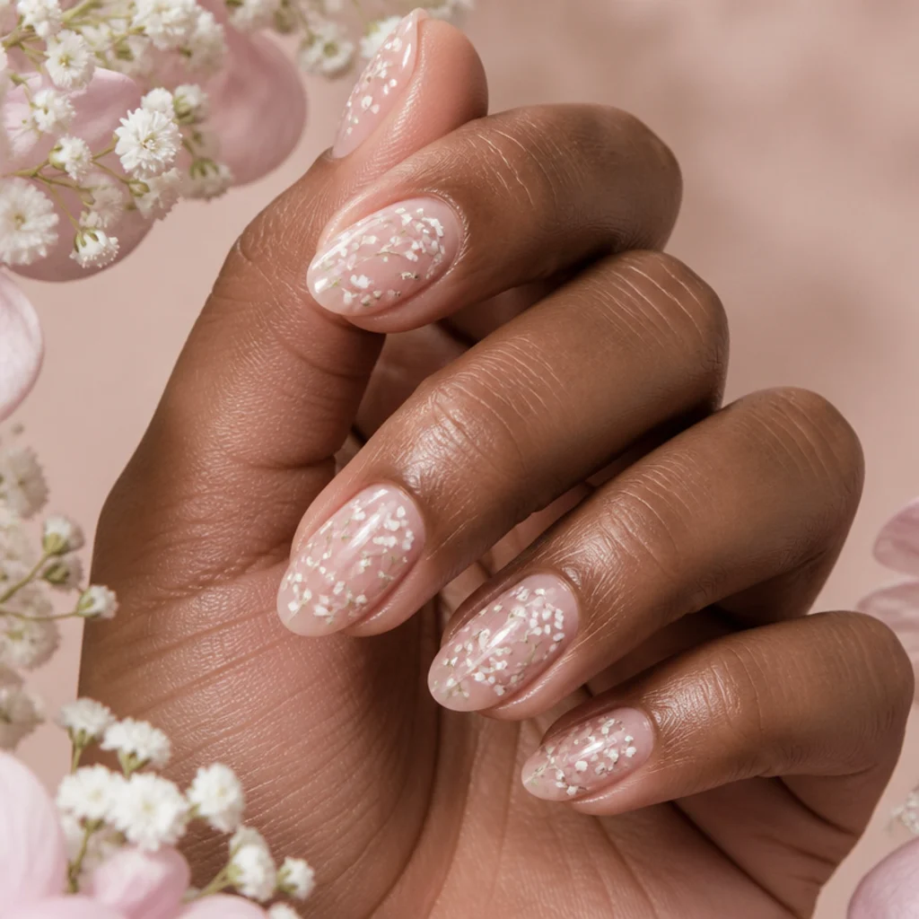 Short almond nails wearing tiny white blooming gel florets clustered like baby's breath over a sheer pink base