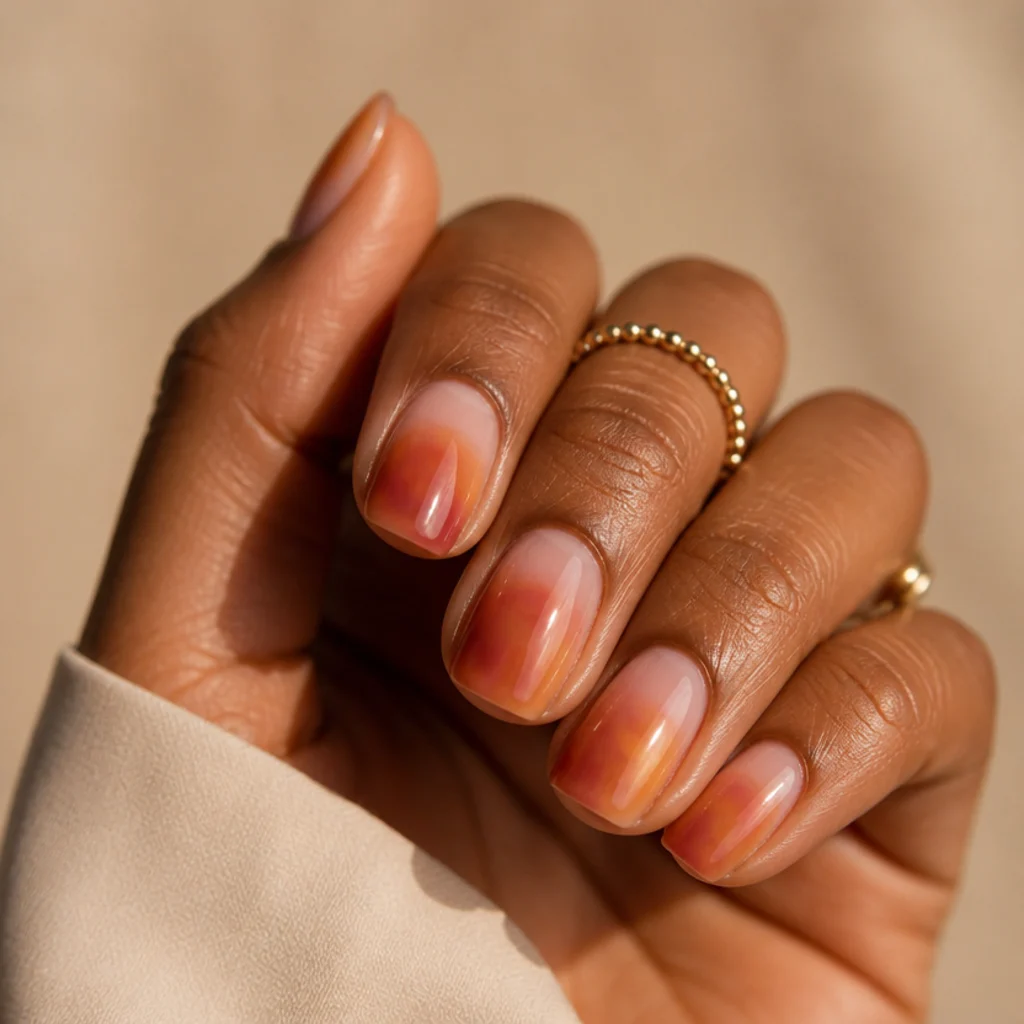 Squoval nails wearing terracotta and warm blush blooming gel blending into a sunset-toned wash
