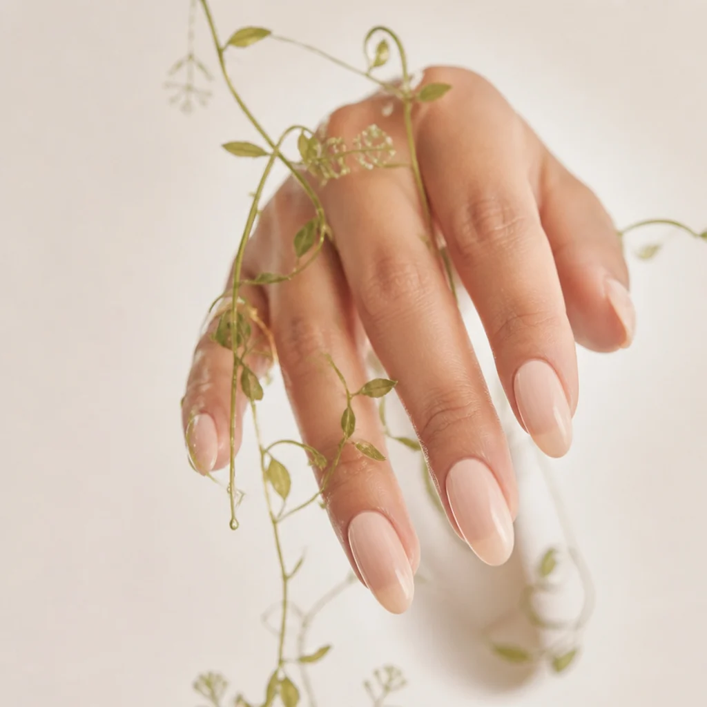 Long almond nails wearing trailing green blooming gel vines over clear negative space