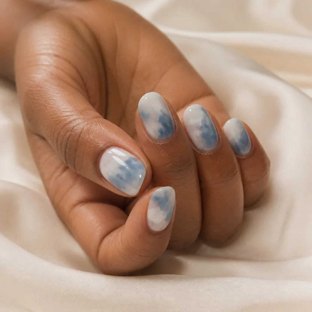Oval nails wearing dusty blue blooming gel spreading into soft cloud shapes over a white base