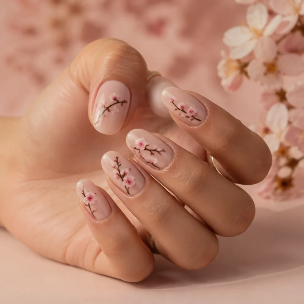 Long oval nails wearing a fine berry branch with soft pink blooming gel blossoms trailing across the tips