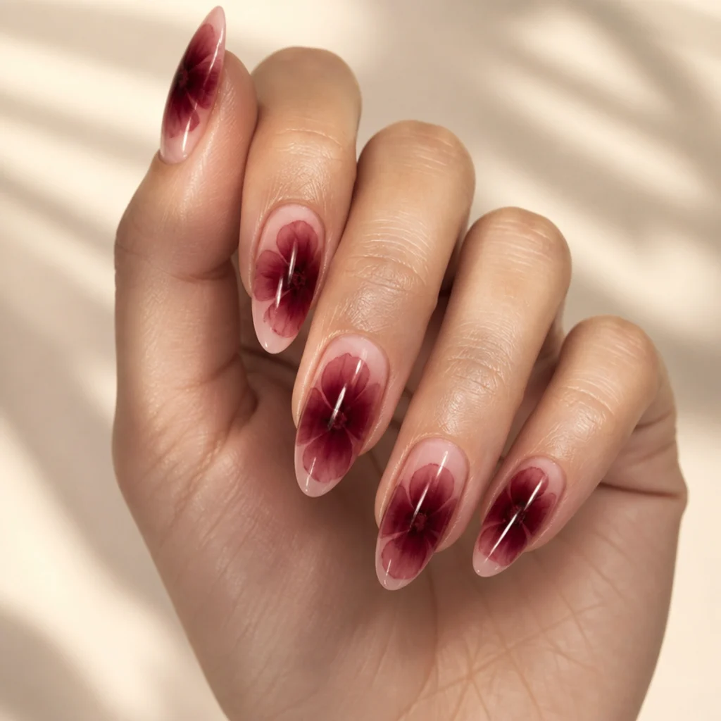 Almond nails wearing one large deep-berry blooming gel flower dominating each nail over a nude base