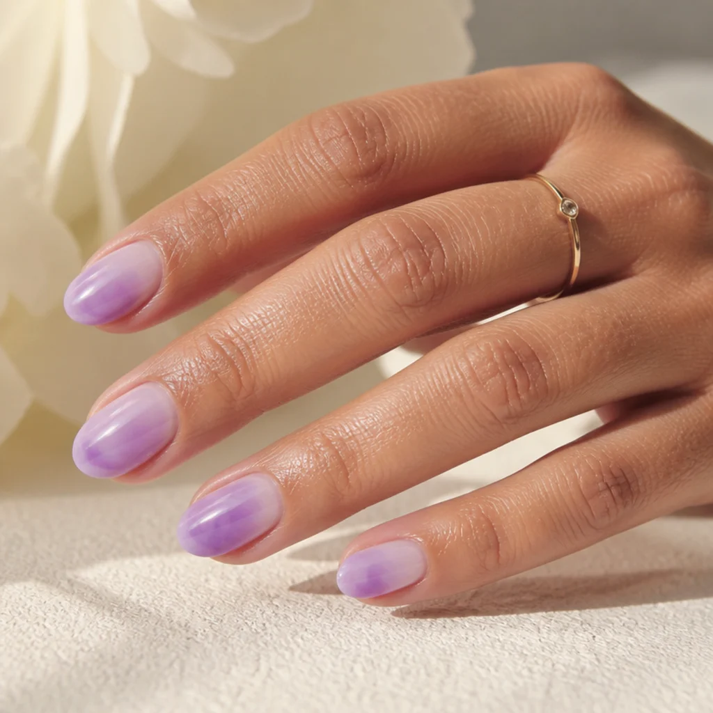 Short oval nails wearing lavender blooming gel diffusing into a soft haze over a sheer lilac base