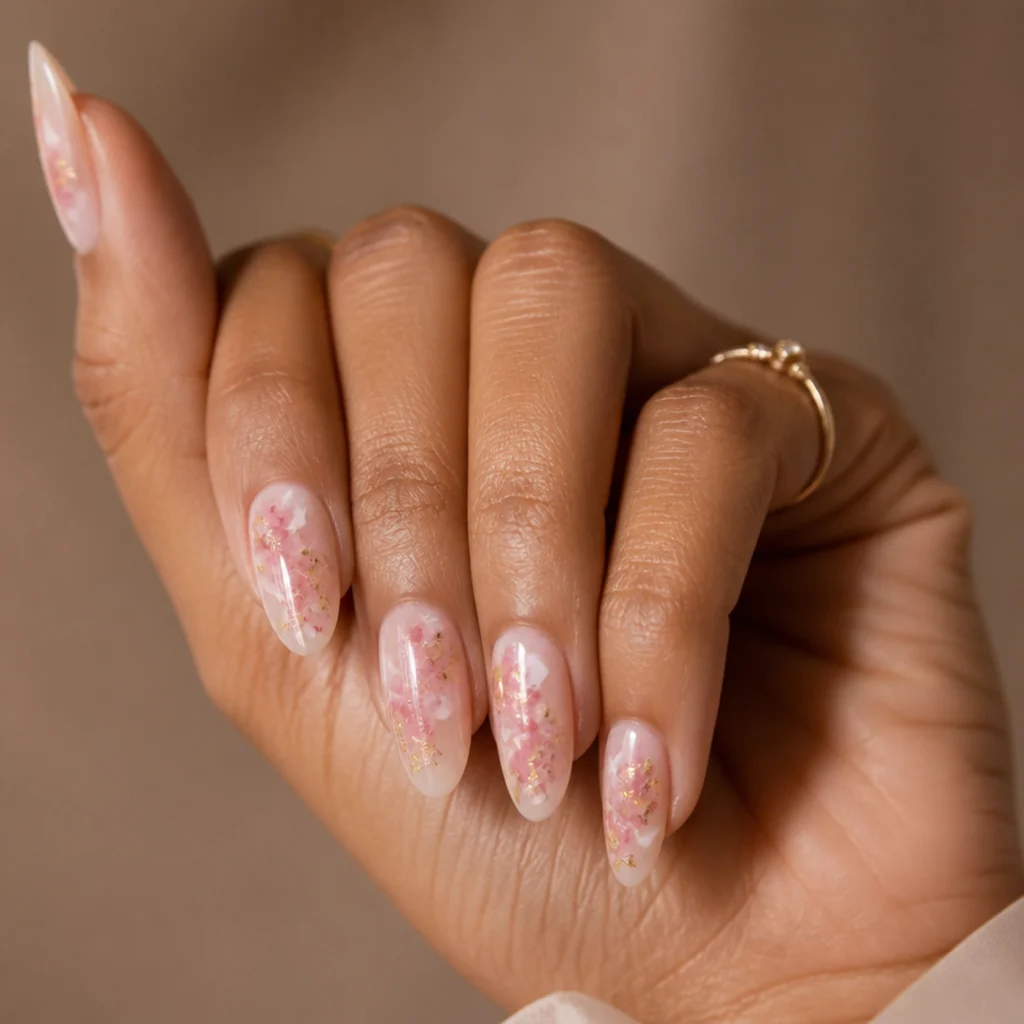 Almond nails wearing blush blooming gel with scattered gold flecks catching the light over a nude base