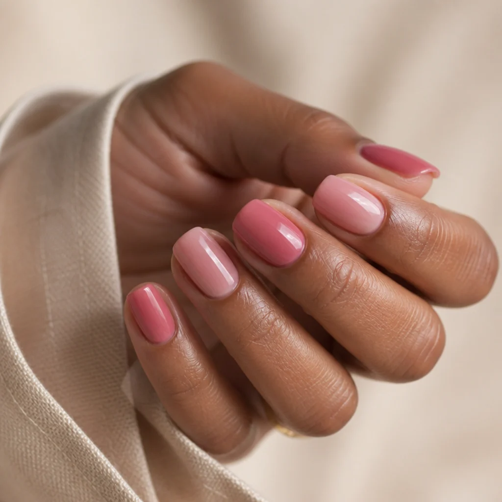 Squoval nails wearing tonal rose blooming gel blending from deep to pale in a monochrome wash