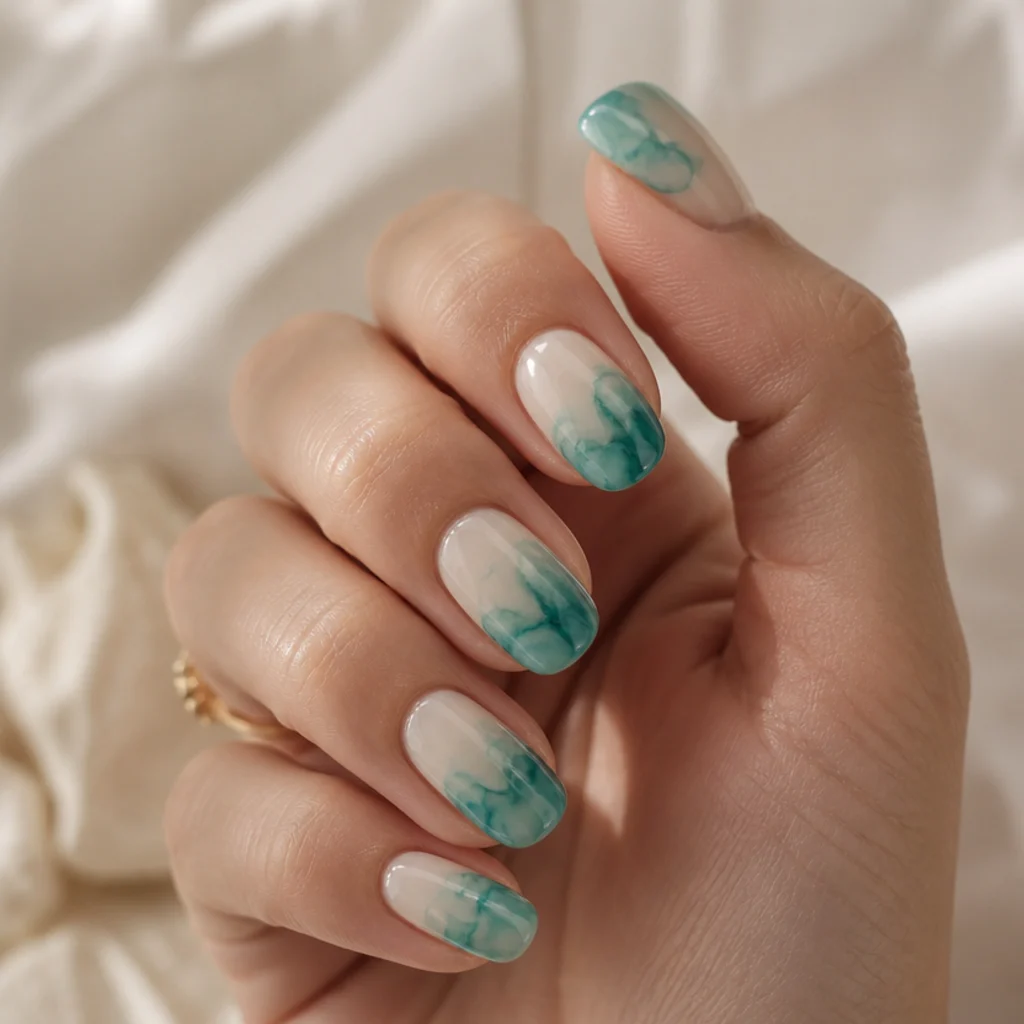 Oval nails wearing aqua and soft teal blooming gel spreading like seawater over a pale sand base