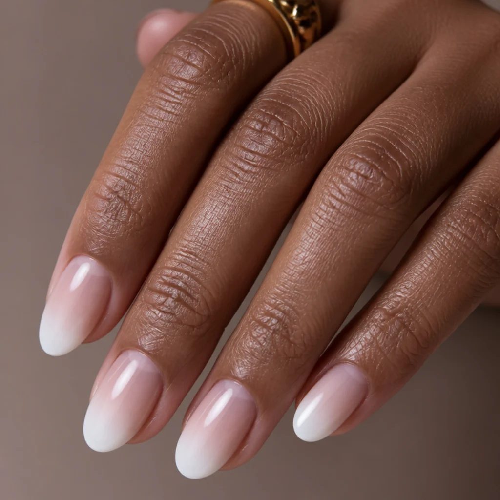 Medium oval nails with a diffused white blooming french tip that melts down into the nail with no crisp smile line