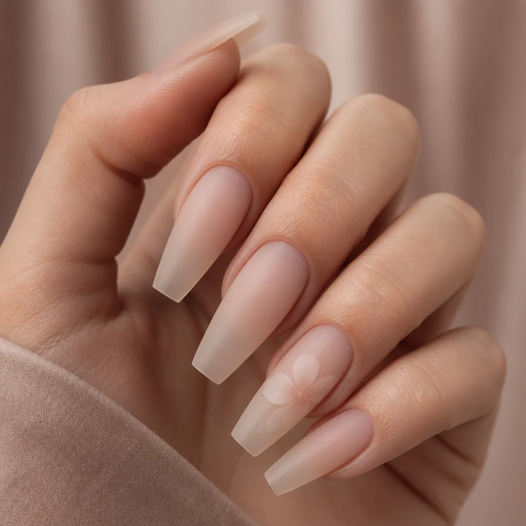 Long coffin nails with one faint white blooming flower drifting across a nude base, soft ghosted edges under an editorial macro