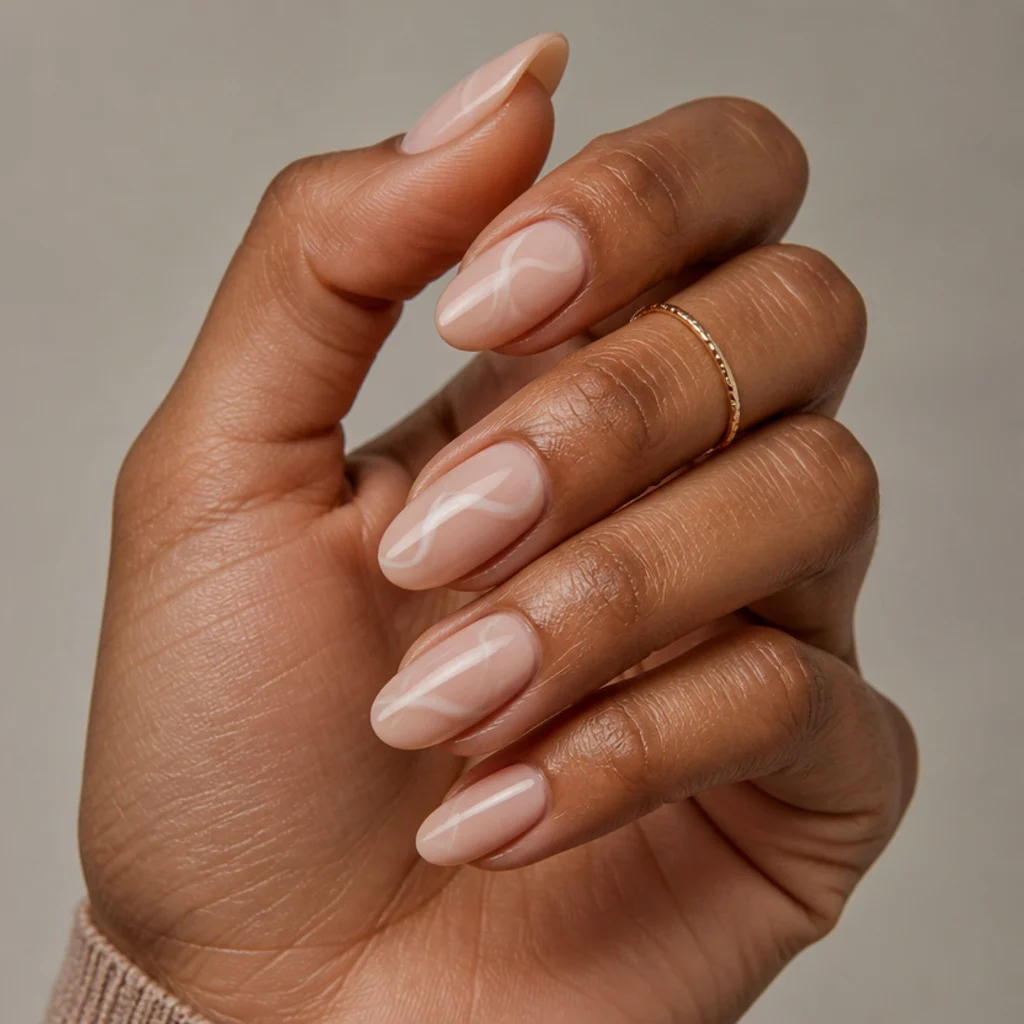 Almond nails with a fine white blooming wisp curling across a soft blush base like brushed smoke, editorial macro