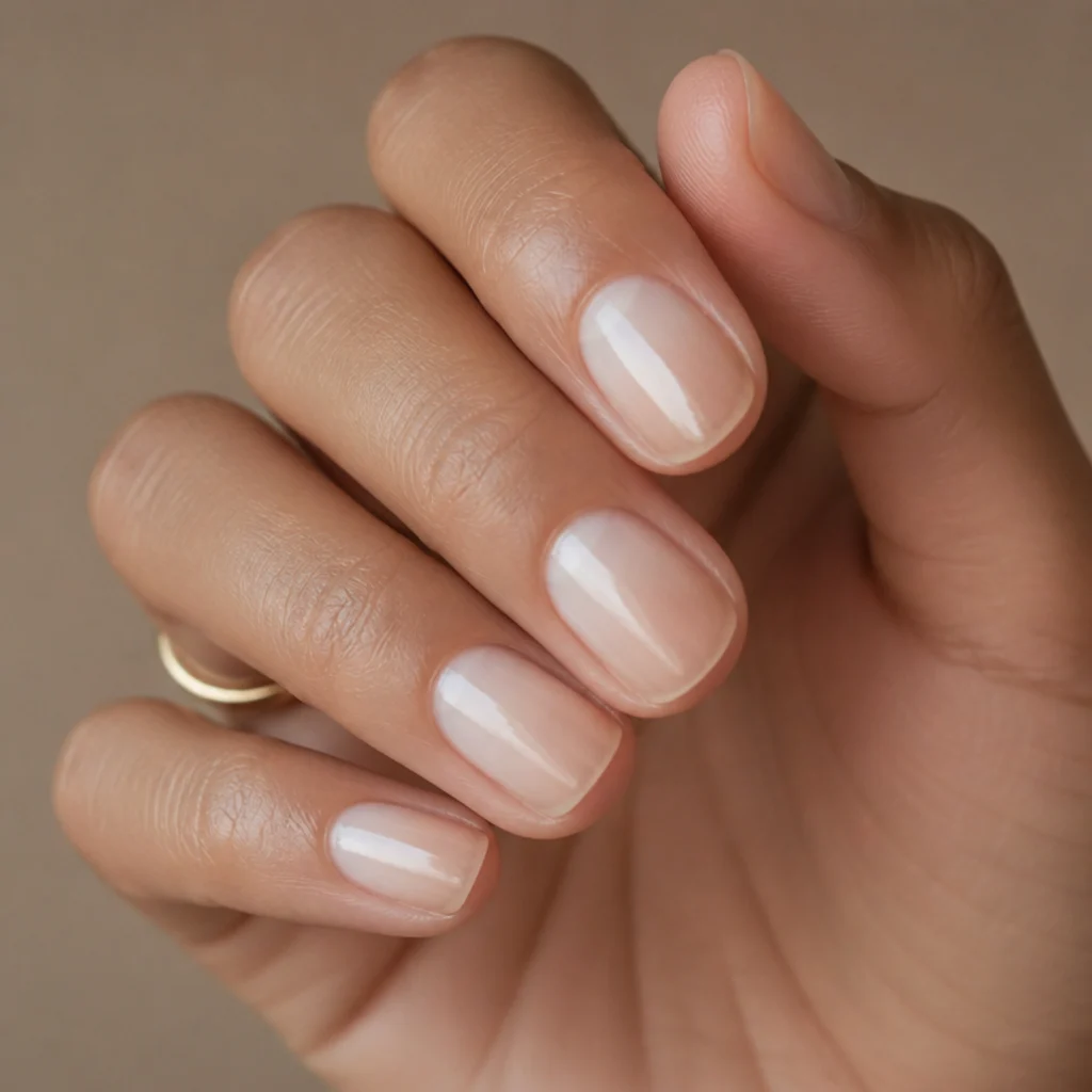 Round nails with a soft white blooming half-moon at the cuticle fading down toward the tip, editorial macro
