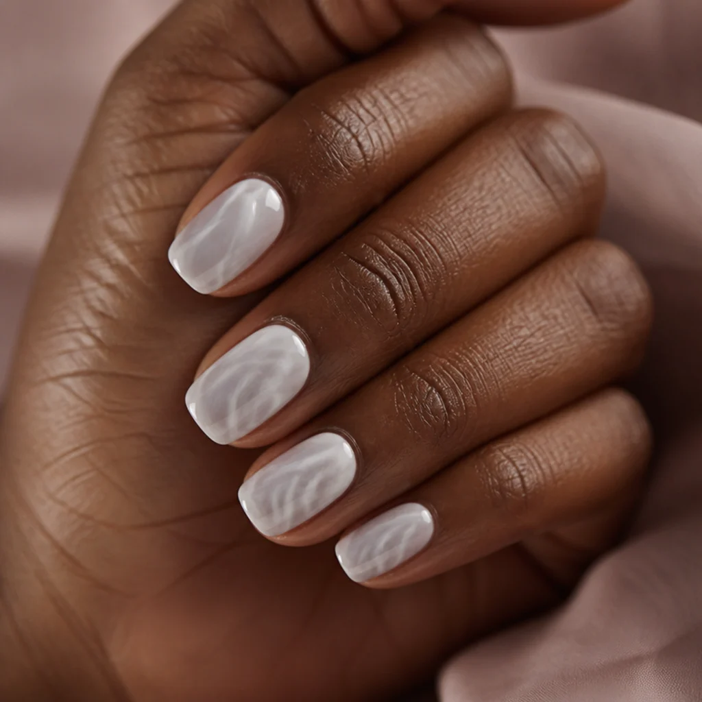 Squoval nails with white and grey blooming gel swirled into a soft smoky marble with no harsh veins, editorial macro