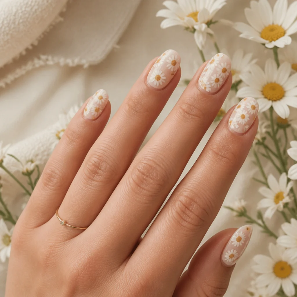 Medium almond nails covered in small white blooming daisies with soft yellow centers on a cream base, editorial macro