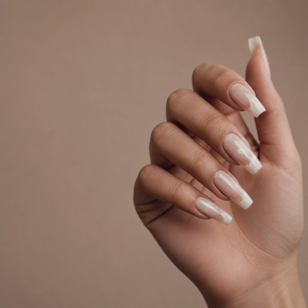 Long coffin nails with white blooming ink drops framed by bare negative space, editorial macro