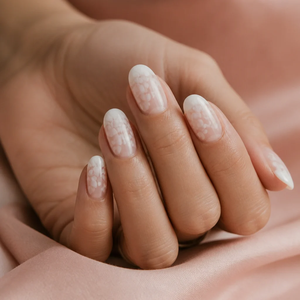 Oval nails with white blooming petals layered from cuticle to tip in a soft graduated ombre, editorial macro