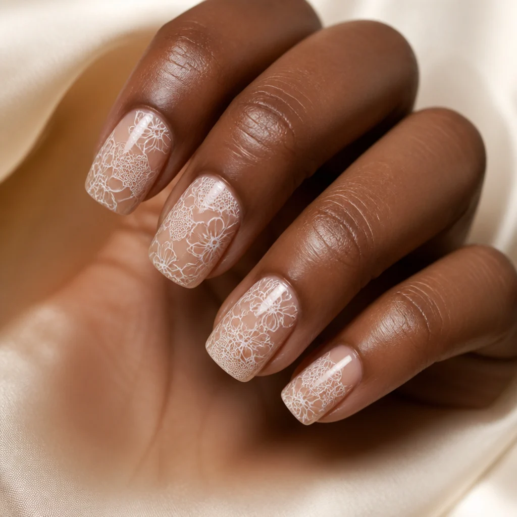 Square nails with delicate white blooming lace-like patterning over a nude base, fine soft detail, editorial macro